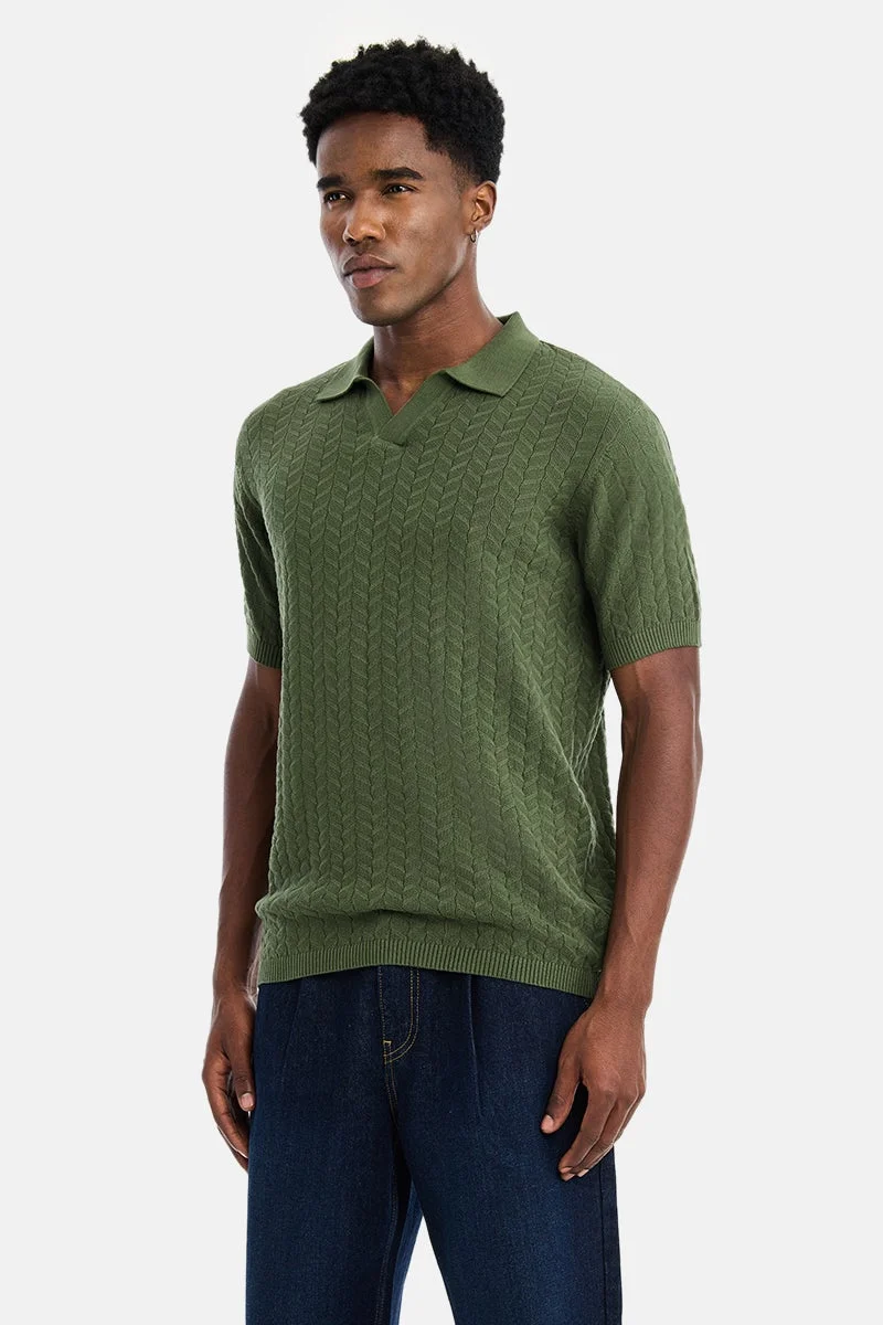 SNITCH Dark Green Textured Half Sleeve Regular Fit Casual T-Shirt