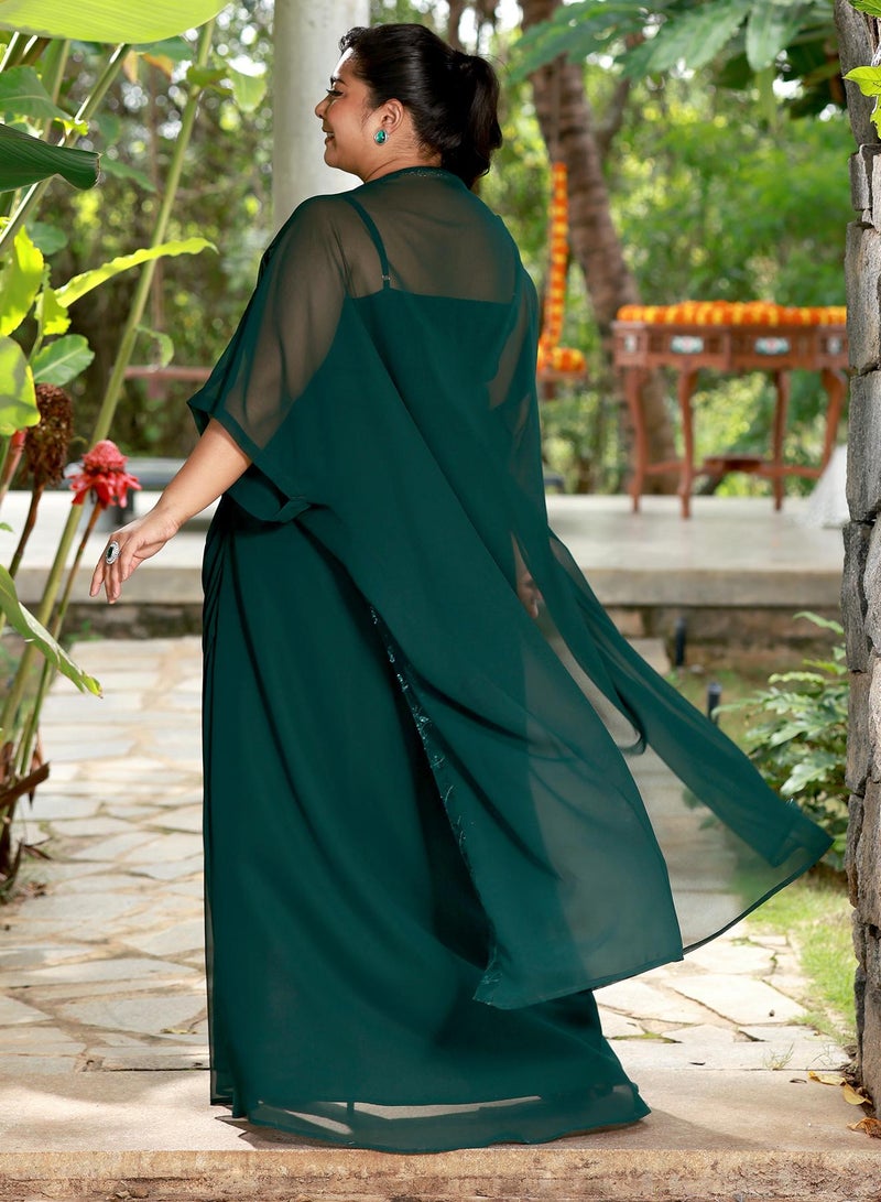 Instafab Plus Women's Floral-Embroidery Draped Co-Ord Set For Ethnic Wear | Open-Front Neck, Kimono Sleeves | Floral Embroidery | 3 Piece Co-Ords Designed For Evening & Party Wear | Emerald Green - Image 5