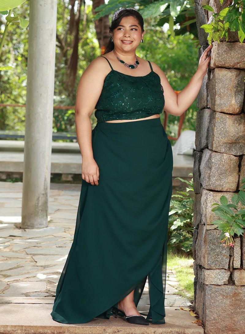 Instafab Plus Women's Floral-Embroidery Draped Co-Ord Set For Ethnic Wear | Open-Front Neck, Kimono Sleeves | Floral Embroidery | 3 Piece Co-Ords Designed For Evening & Party Wear | Emerald Green - Image 2