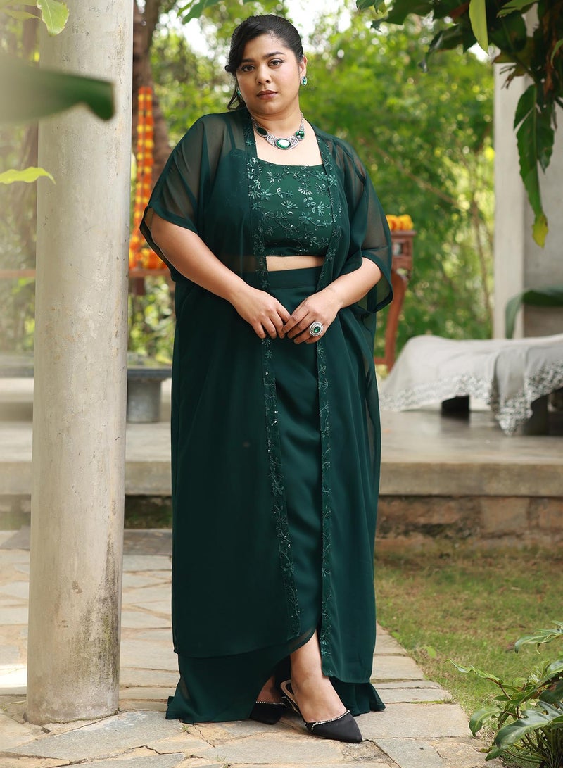 Instafab Plus Women's Floral-Embroidery Draped Co-Ord Set For Ethnic Wear | Open-Front Neck, Kimono Sleeves | Floral Embroidery | 3 Piece Co-Ords Designed For Evening & Party Wear | Emerald Green - Image 1