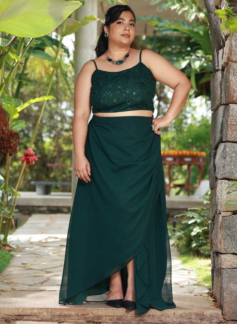 Instafab Plus Women's Floral-Embroidery Draped Co-Ord Set For Ethnic Wear | Open-Front Neck, Kimono Sleeves | Floral Embroidery | 3 Piece Co-Ords Designed For Evening & Party Wear | Emerald Green - Image 3