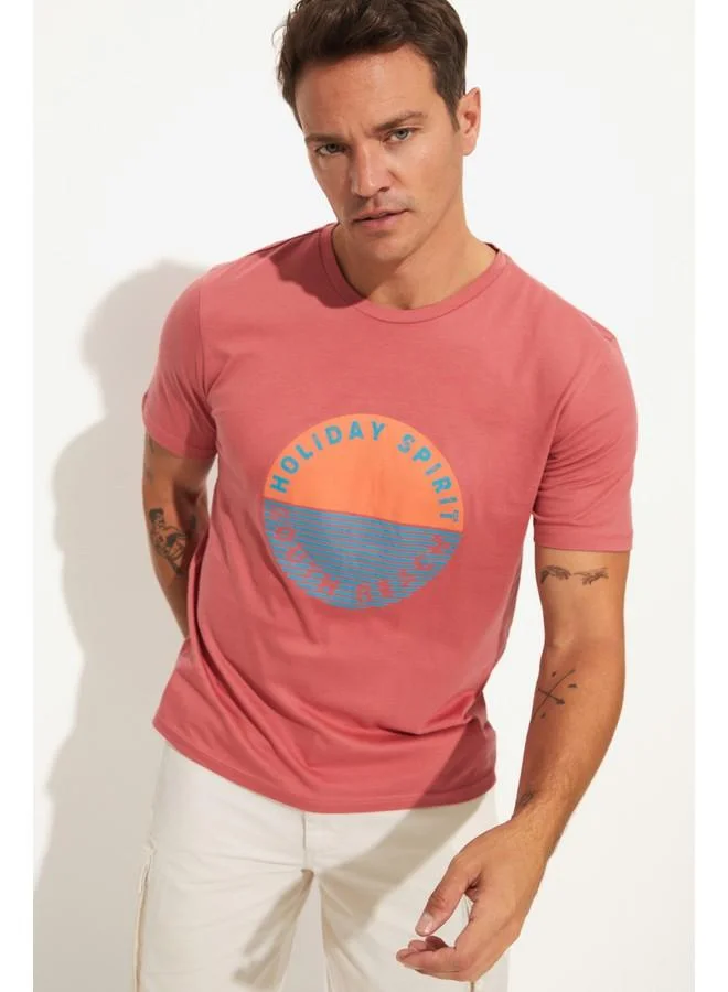 جون June Men Regular Fit 100% Cotton Printed Crew Neck Tshirt Rose