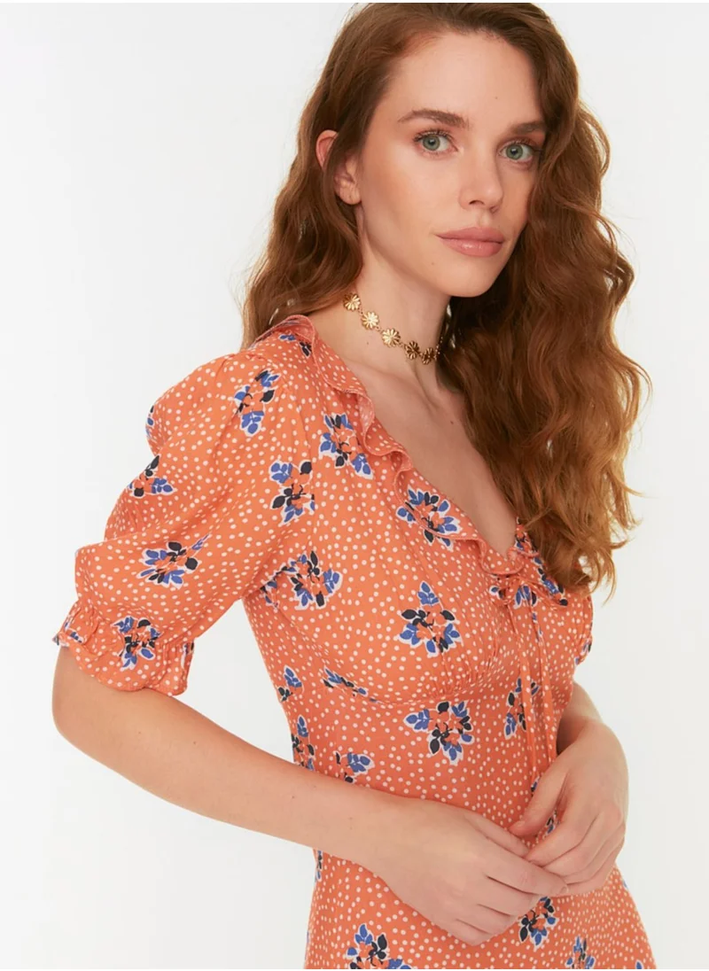 trendyol Balloon Sleeve Printed Ruffle Detail Dress