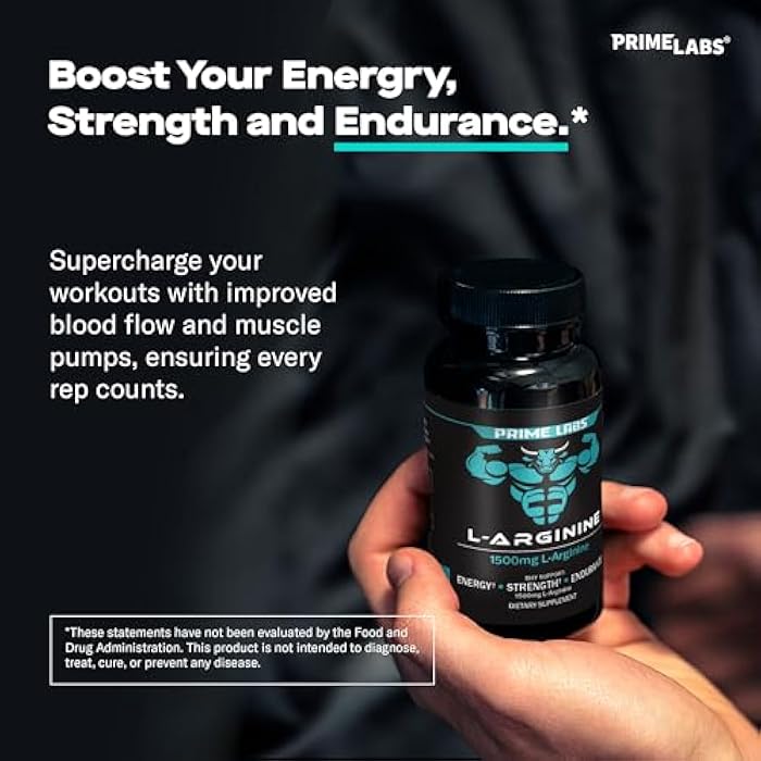 Prime Labs L Arginine 1500mg - Nitric Oxide Supplement - Blood Flow, Energy, Strength, Endurance - 60 Count - Image 2