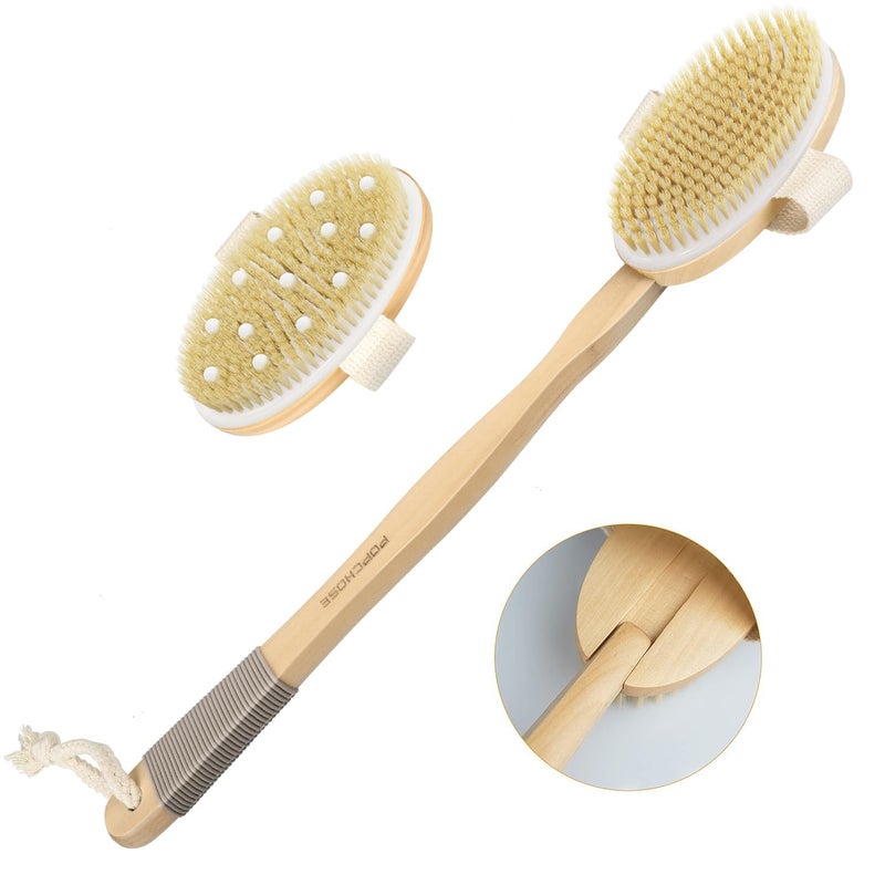 POPCHOSE Dry Brushing Body Brush, POPCHOSE Body Scrubber for Men Women, Back Scrubber for Shower, Natural Bristle Exfoliator Scrubber for Body Cellulite and Lymphatic, Long Handle, Detachable, Dual Brush Heads - Image 1