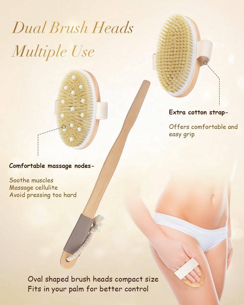 POPCHOSE Dry Brushing Body Brush, POPCHOSE Body Scrubber for Men Women, Back Scrubber for Shower, Natural Bristle Exfoliator Scrubber for Body Cellulite and Lymphatic, Long Handle, Detachable, Dual Brush Heads - Image 3