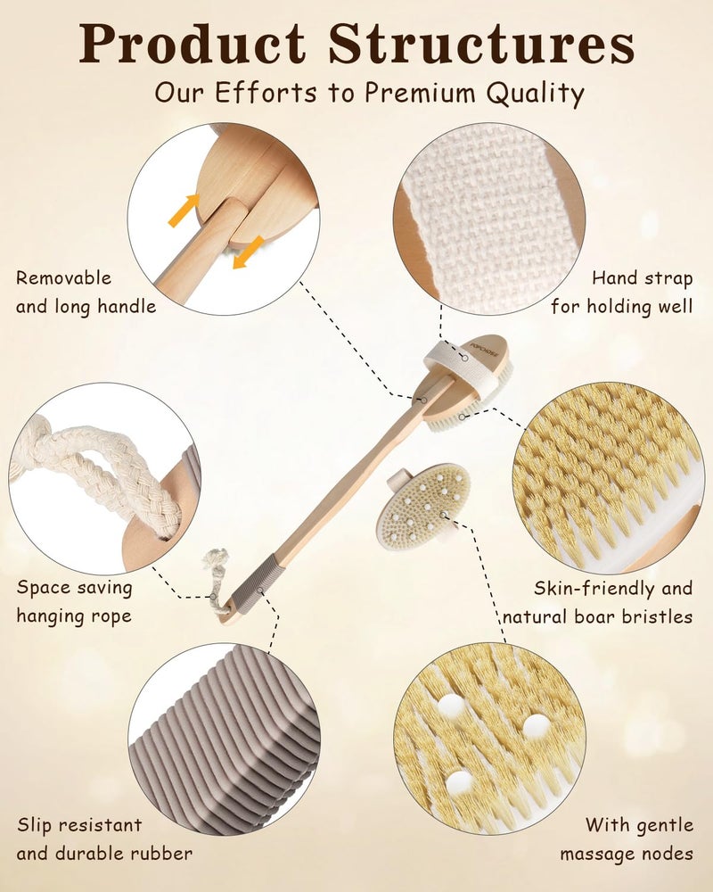 POPCHOSE Dry Brushing Body Brush, POPCHOSE Body Scrubber for Men Women, Back Scrubber for Shower, Natural Bristle Exfoliator Scrubber for Body Cellulite and Lymphatic, Long Handle, Detachable, Dual Brush Heads - Image 5