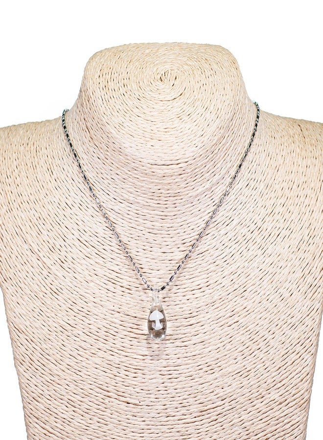 BlueRica Glass Teardrop Pendant with White Mushroom on Stainless Steel Chain Necklace - Image 4