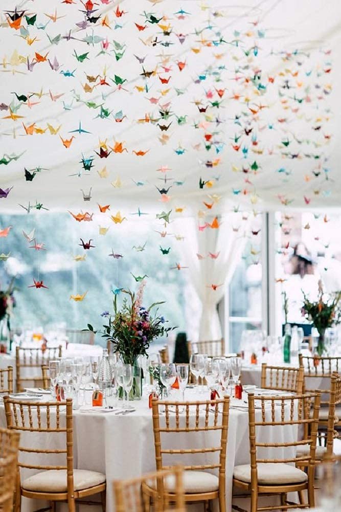 qihui 10Strings 15cm Big Size Premade Origami Paper Crane Garlands for Rustic Wedding Party Decorations Rainbow Origami Cranes Folded Bird Streamers for Kids Party Décor Peace Dove-Happiness Good Luck - Image 1