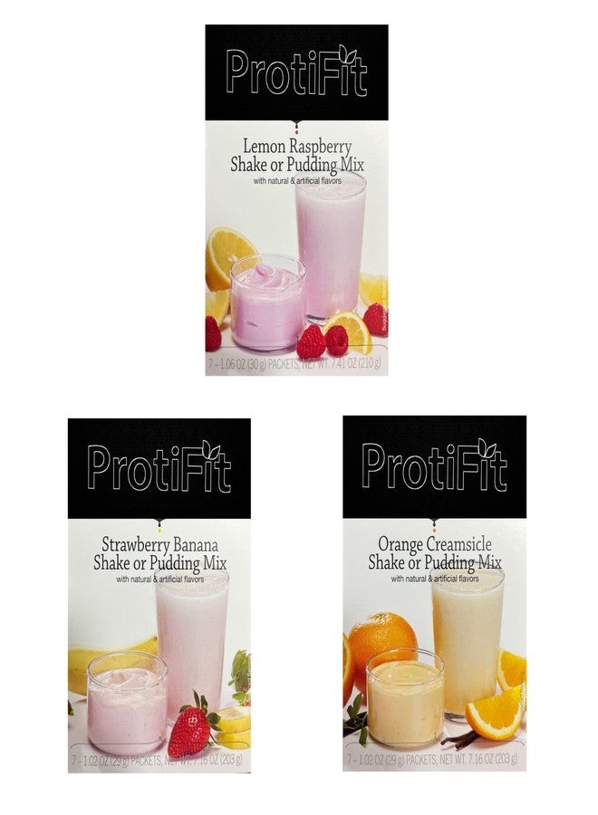 PROTIFIT - High Protein Pudding & Shake Mix 3 Pack, Fruit Bundle: Lemon Raspberry, Strawberry Banana, Orange Creamsicle, Meal Replacement, 7 Servings Per Box, (3 Pack) - Image 1