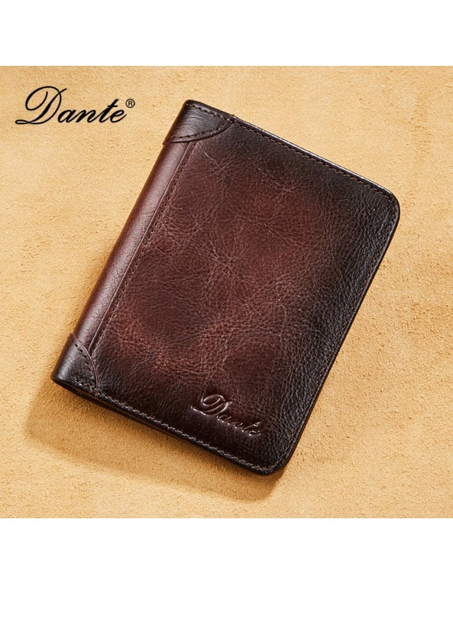 Dante Men's Genuine Leather RFID Anti-theft Brush Vertical Three-sided Retro First-layer Cowhide Wallet Retro Brown (Anti-theft Card Swiping)  - Image 1