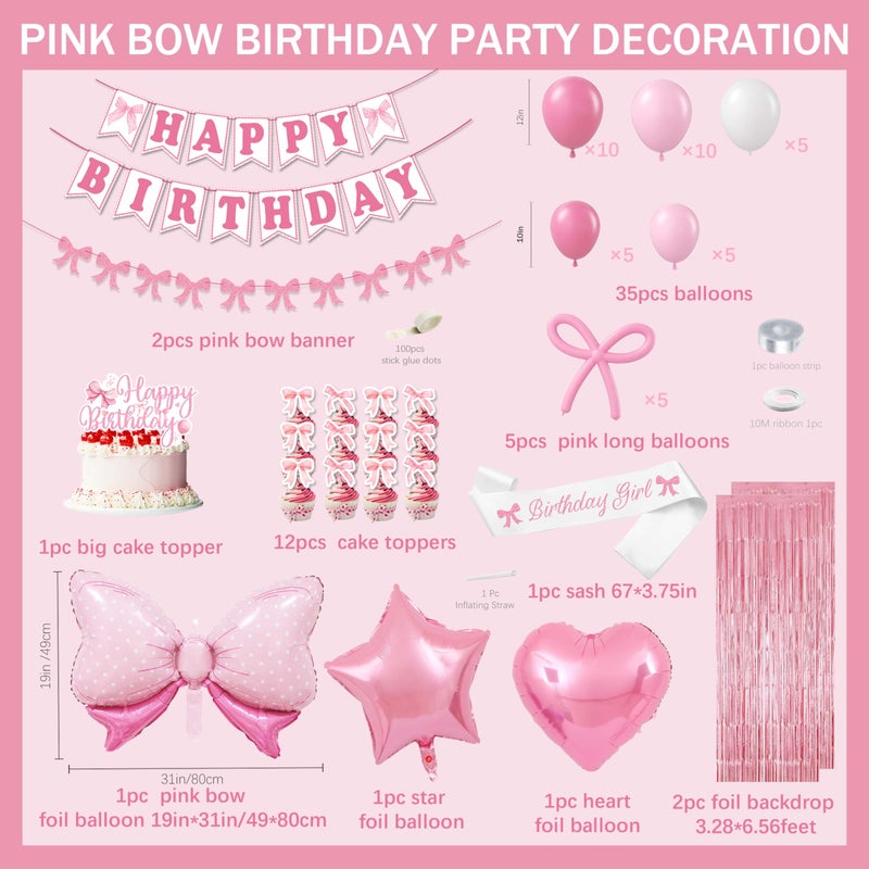 jenlion Pink Bow Birthday Decorations for Girls Women, Coquette Birthday Decorations, Fringe Curtain, Foil Balloons, Cake Toppers, Bows Theme Party Decor Girl - Image 2