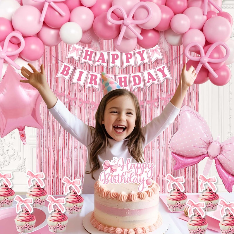 jenlion Pink Bow Birthday Decorations for Girls Women, Coquette Birthday Decorations, Fringe Curtain, Foil Balloons, Cake Toppers, Bows Theme Party Decor Girl - Image 5