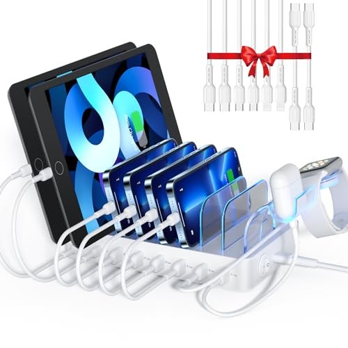 SooPii 8Port USBC Charging Station for Multiple Devices with 1 PD 20W Port Supports Fast Charging 8pcs Mixed Charging Cables and 1pcs Upgraded Holder for lWatch Charger AirPods White - Image 1