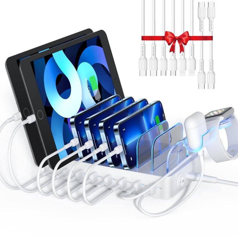 SooPii 8Port USBC Charging Station for Multiple Devices with 1 PD 20W Port Supports Fast Charging 8pcs Mixed Charging Cables and 1pcs Upgraded Holder for lWatch Charger AirPods White - Image 2