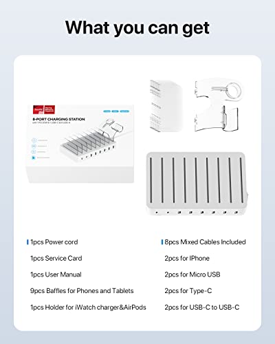 SooPii 8Port USBC Charging Station for Multiple Devices with 1 PD 20W Port Supports Fast Charging 8pcs Mixed Charging Cables and 1pcs Upgraded Holder for lWatch Charger AirPods White - Image 3