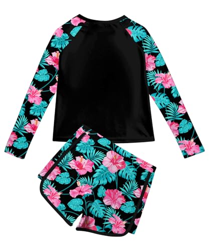 Vogseek Bathing Suit for Girls 8-10 Year Old Red Flower Swimsuit with Rash Guard Long Sleeve Swim Shirt UPF 50+ Hawaiian Tankini Swimwear 3D Floral Printed Size 8 9 Big Girls Sunsuit Swim Suits - Image 4