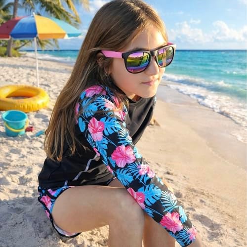 Vogseek Bathing Suit for Girls 8-10 Year Old Red Flower Swimsuit with Rash Guard Long Sleeve Swim Shirt UPF 50+ Hawaiian Tankini Swimwear 3D Floral Printed Size 8 9 Big Girls Sunsuit Swim Suits - Image 2