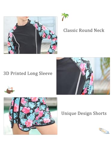 Vogseek Bathing Suit for Girls 8-10 Year Old Red Flower Swimsuit with Rash Guard Long Sleeve Swim Shirt UPF 50+ Hawaiian Tankini Swimwear 3D Floral Printed Size 8 9 Big Girls Sunsuit Swim Suits - Image 5