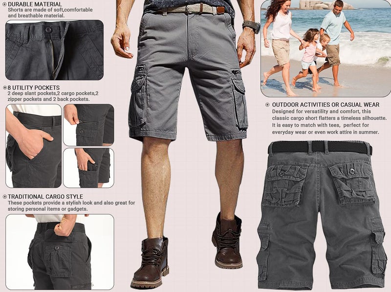 AKARMY Men's Lightweight Multi Pocket Cotton Casual Cargo Shorts,Outdoor Twill Camo Shorts with Zipper Pockets(No Belt) 038 Gray - Image 5