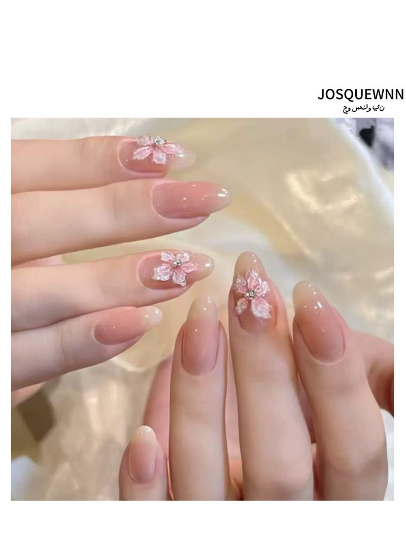 JOSQUEWNN Press On Nails 24pcs, Innocent and 3D Floral Press-On Nails, Short Almond Shape, a Set Of 24 Refreshing Art Pieces, Perfect For Both Everyday Wear. Acrylic Nails With Glue Kit. - Image 1