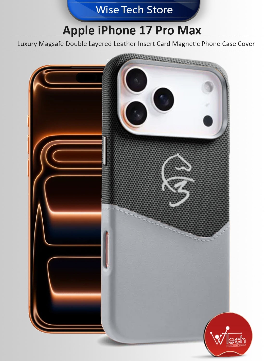 Apple iPhone 17 Pro Max 5G 2025 Luxury Magsafe Double Layered Leather Insert Card Magnetic Phone Case Cover (MCMPMN) - Grey/Black