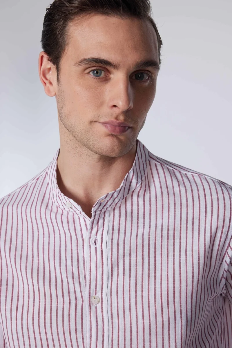 Tudors Slim Fit Long Sleeve Narrow Fit Judge Collar Striped Summer Linen Texture Men's Shirt