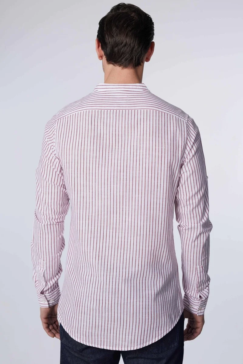 Tudors Slim Fit Long Sleeve Narrow Fit Judge Collar Striped Summer Linen Texture Men's Shirt