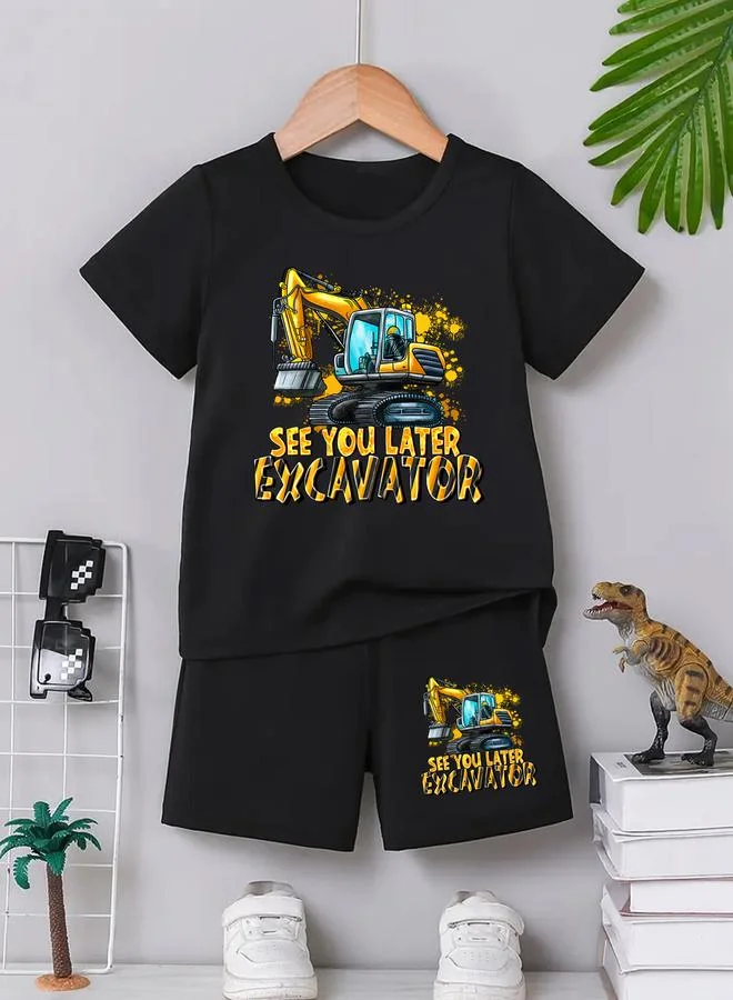 تايك تو Take Two Boys Black Excavator Graphic T-Shirt and Shorts Set