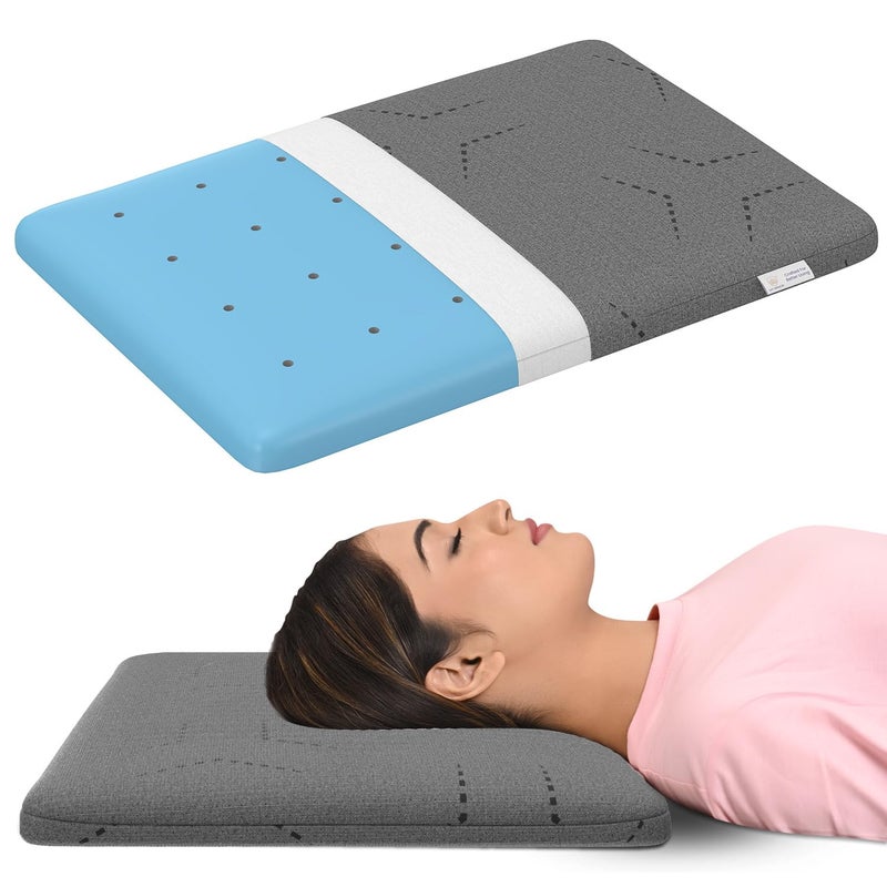 MY ARMOR Ventilated Cool Gel Memory Foam Pillow UltraThin Size 25 Inch High 2 Years Warranty with Grey Colour Removable Washable Pillow Cover Pack of 1 - Image 1