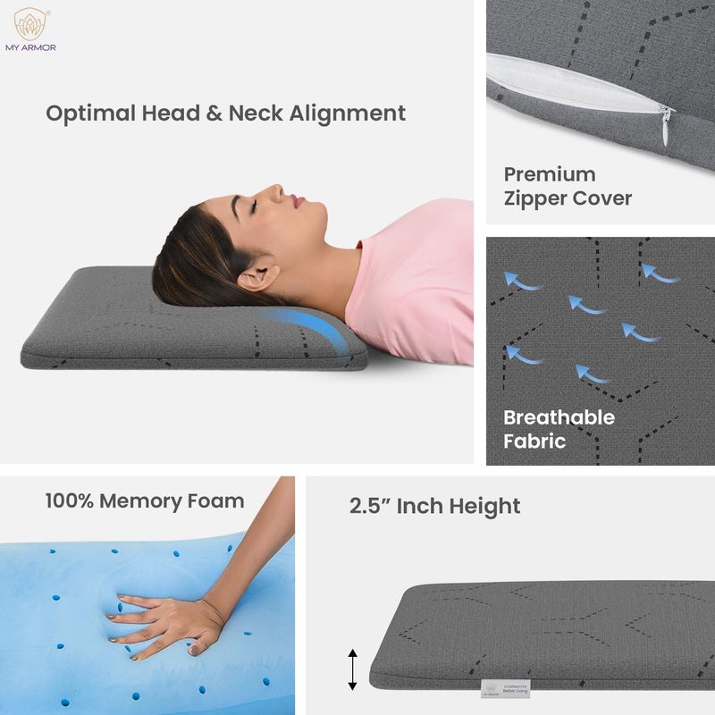 MY ARMOR Ventilated Cool Gel Memory Foam Pillow UltraThin Size 25 Inch High 2 Years Warranty with Grey Colour Removable Washable Pillow Cover Pack of 1 - Image 4