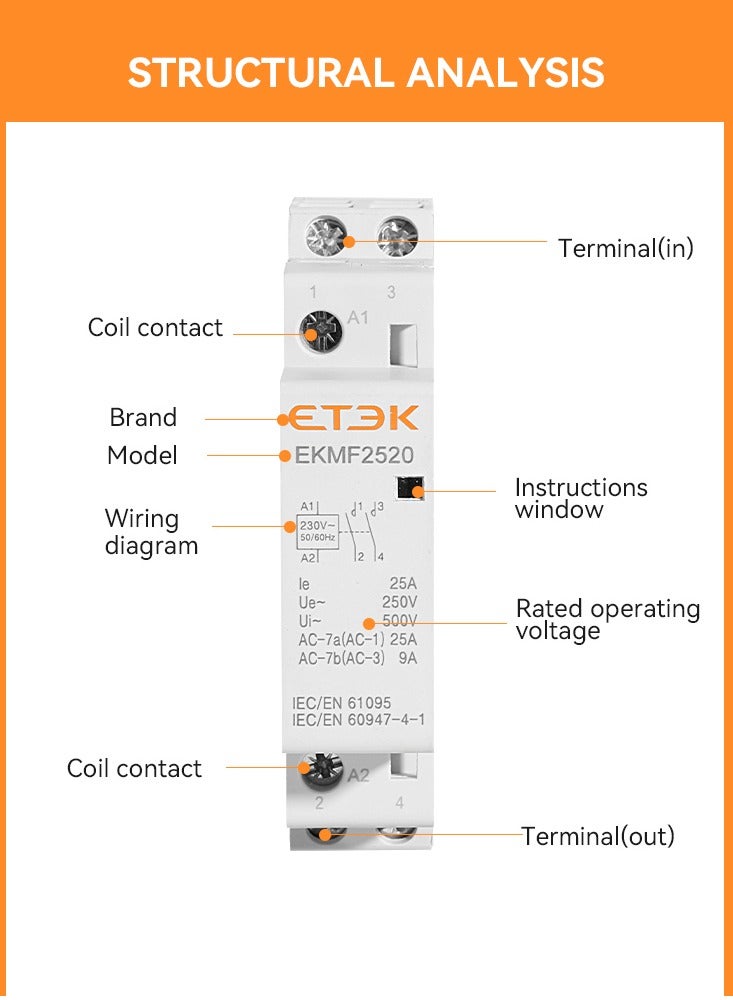 ETEK AC Contactor Magnetic Modular 220V AC 25A 2P NC NO Automatic Contactor - Image 4