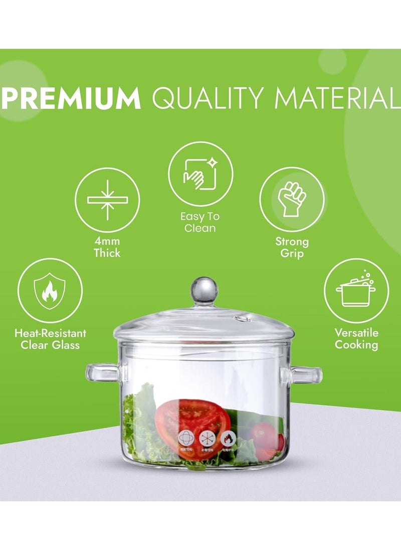 CityRiya-Long - Glass Cooking Pot 1.5L Glass Pot for Cooking On Stove Heat-Resistant Glass Saucepan Clear Glass Cookware Simmer Pot Glass Stovetop Pot with Lid Safe for Soup, Milk, Tea, Fruits - Image 1