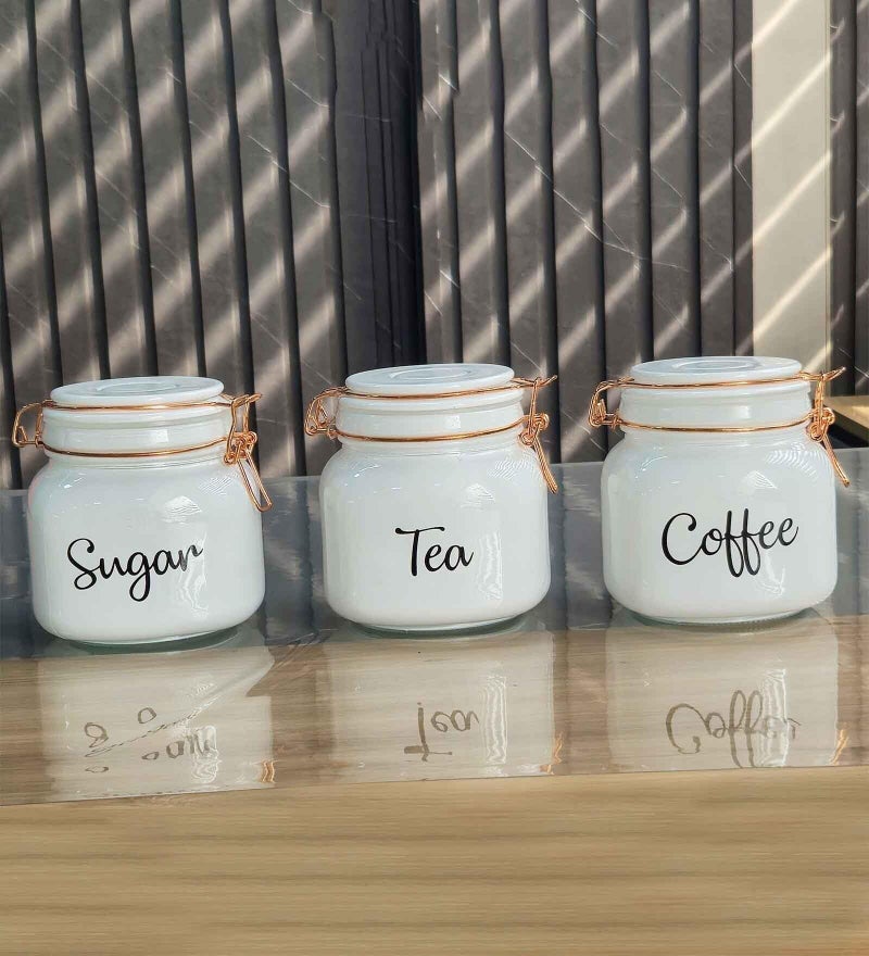 Mevanta Glass White Tea Sugar Coffee Containers 750 ML Set -3, Canisters for Kitchen Storage Container with Lid for Tea Coffee & Sugar, Dry Fruit Jars, Storage Box Decorative Kitchen (White) - Image 2