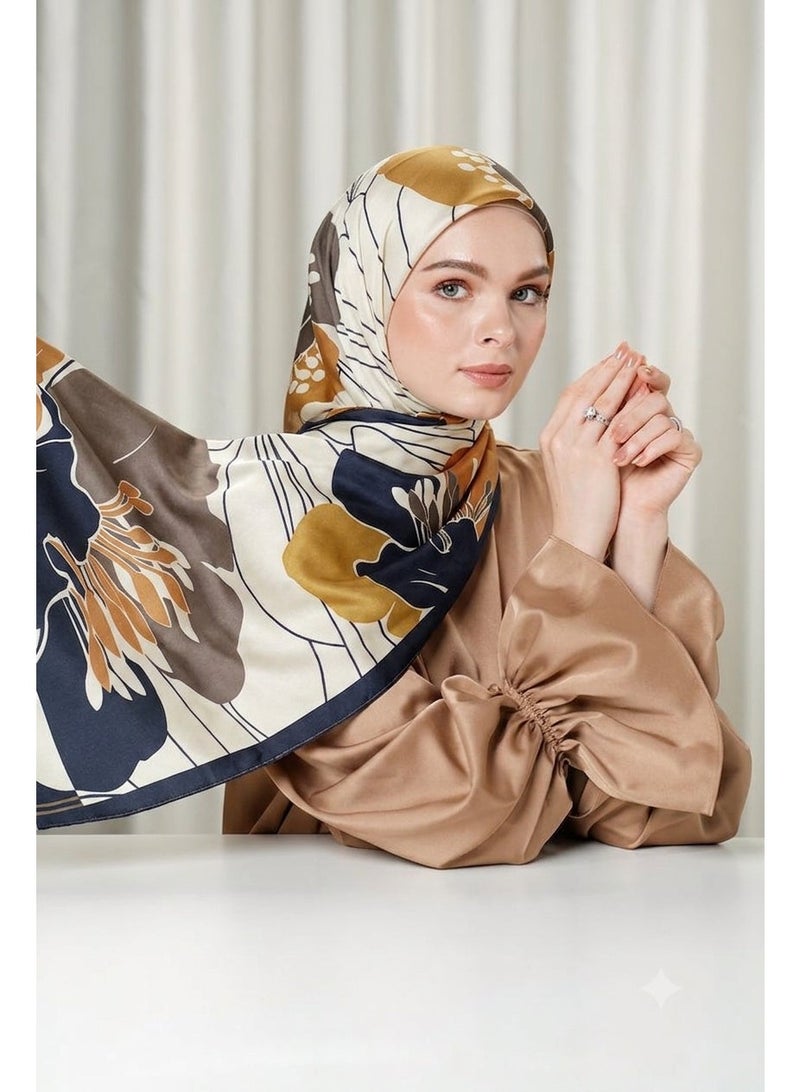 Women's Satin Printed Scarf, Elegant Floral Pattern, Lightweight Shawl, Hijab & Wrap, 55x170 cm - Image 1