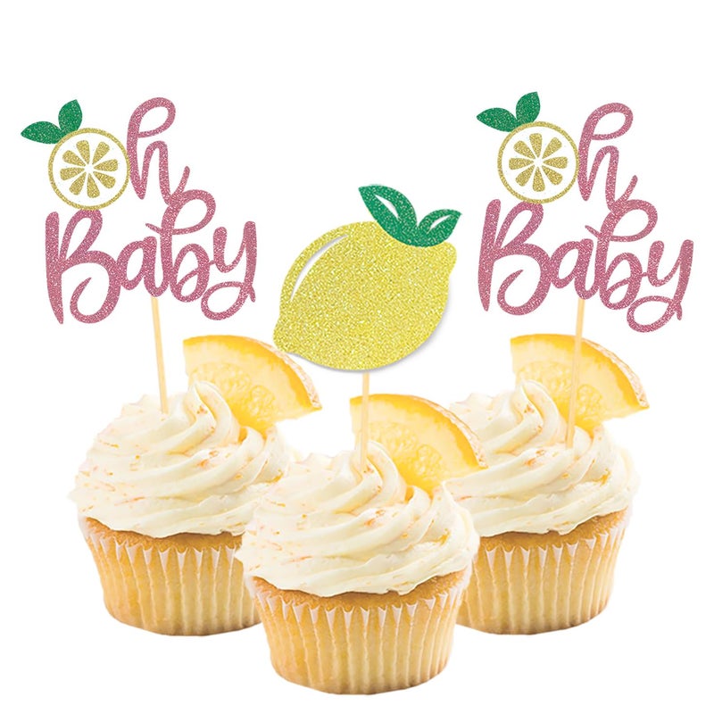 Moitkptt 24Pcs Lemon Oh Baby Cupcake Toppers for Baby Shower Birthday Party Decorations Lemon Baby Birthday Party Supplies Pink - Image 3