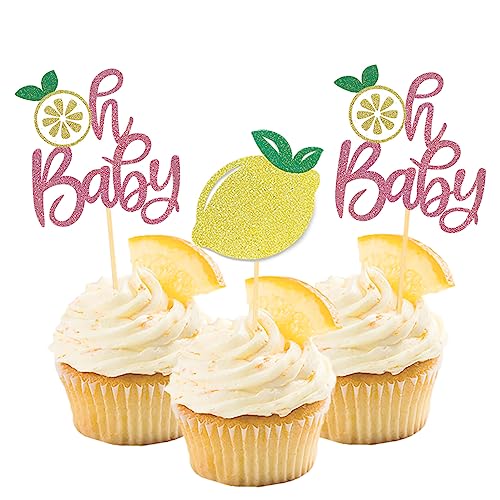 Moitkptt 24Pcs Lemon Oh Baby Cupcake Toppers for Baby Shower Birthday Party Decorations Lemon Baby Birthday Party Supplies Pink - Image 1