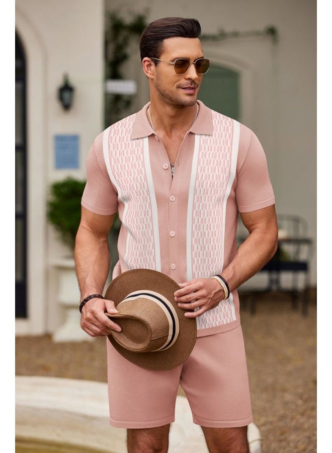 COOFANDY Men's Short Set 2 Piece Outfits Knit Button Up Shirt Retro Short Sleeve Polo Shirts and Short Set Summer Beach Suit - Image 4