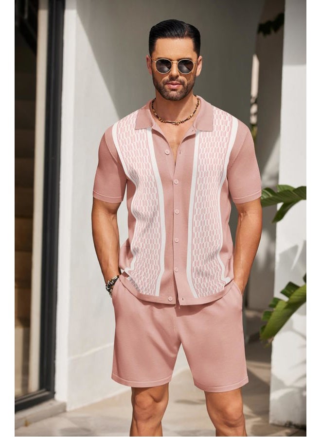 COOFANDY Men's Short Set 2 Piece Outfits Knit Button Up Shirt Retro Short Sleeve Polo Shirts and Short Set Summer Beach Suit - Image 2