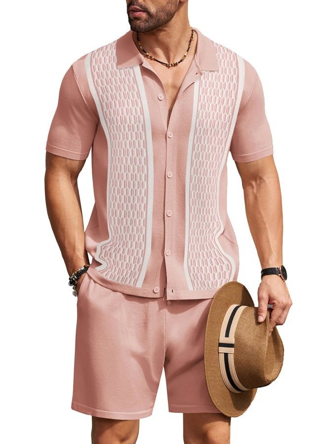 COOFANDY Men's Short Set 2 Piece Outfits Knit Button Up Shirt Retro Short Sleeve Polo Shirts and Short Set Summer Beach Suit - Image 1