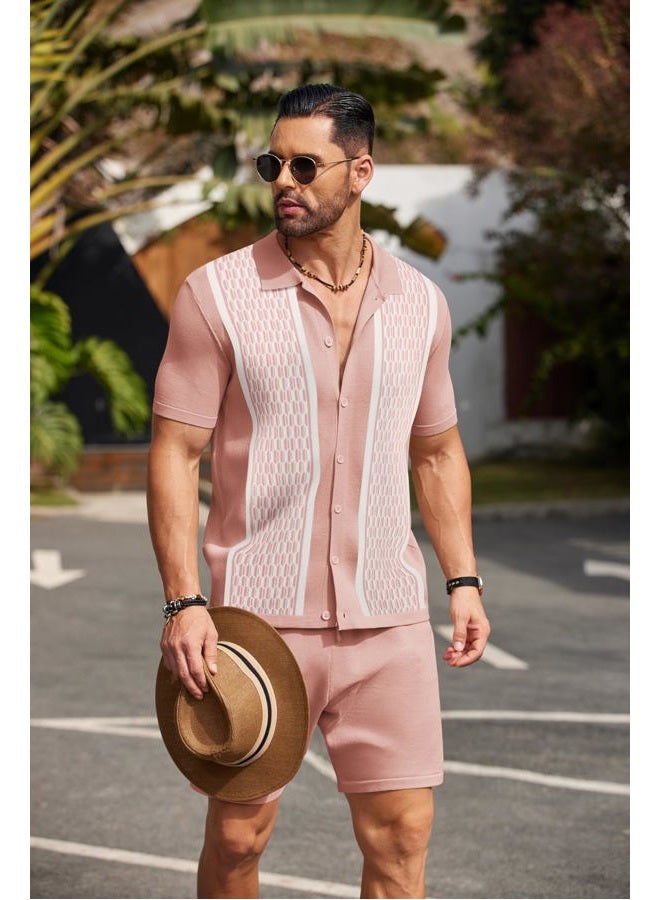 COOFANDY Men's Short Set 2 Piece Outfits Knit Button Up Shirt Retro Short Sleeve Polo Shirts and Short Set Summer Beach Suit - Image 3