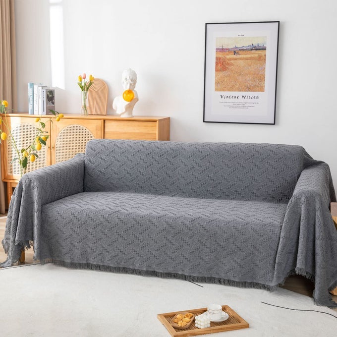SOFA THROWS LARGE 3 SEATER REVERSIBLE SOFA COVER 3 SEATER THROWS FOR SOFAS LARGE THROW FOR SETTEES AND BED WITH TASSELS 180CM X 300CM GREY
