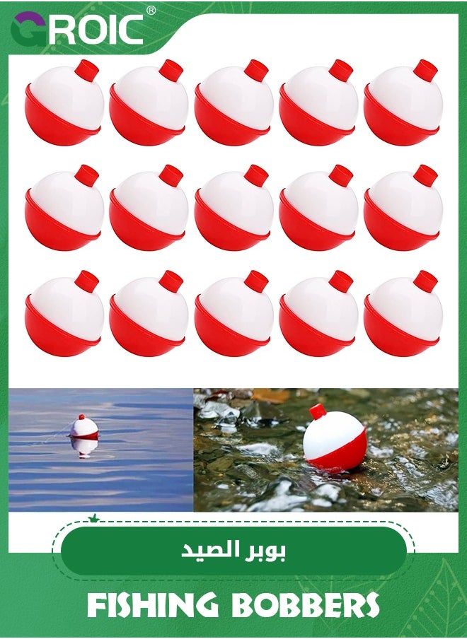 GROIC 15 Pcs Fishing Bobbers for Fishing Assortment, Hard ABS Snap-on Fishing Floats Bobbers Push Button Round Buoy Fishing Floats Red and White Fishing Tackle Accessories  - Image 1