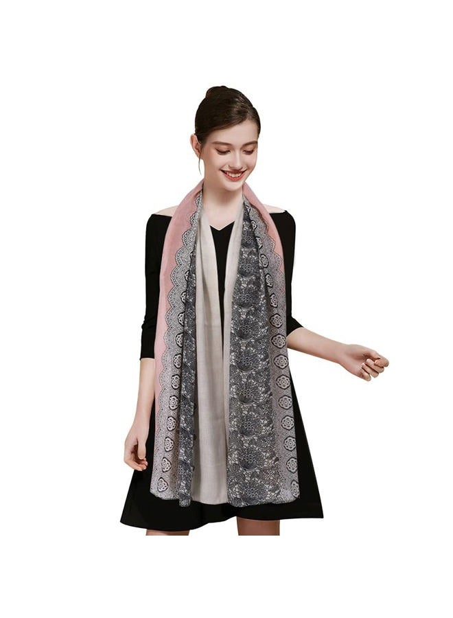 GERINLY Lightweight Scarves: Fashion Lace Print Shawl Wrap For Women (DarkGrey+LightPink) - Image 3