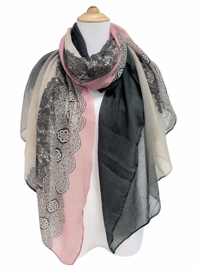 GERINLY Lightweight Scarves: Fashion Lace Print Shawl Wrap For Women (DarkGrey+LightPink) - Image 2
