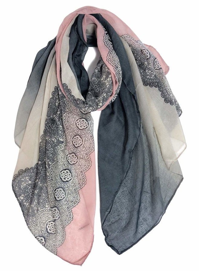 GERINLY Lightweight Scarves: Fashion Lace Print Shawl Wrap For Women (DarkGrey+LightPink) - Image 1