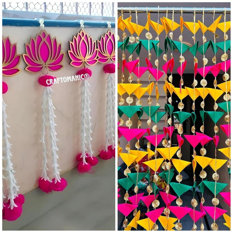 CRAFTOMANIC كرافتومانك 10 مثلثات زخرفية 45 قدم خيوط جوتا تيكي مزخرفة ومصنوعة يدويًا مع 5 خيوط من زينة الجدران لوتس مع راجنغانده لحفلات الزفاف مهرجان هالدي دكور خلفيات - Image 1