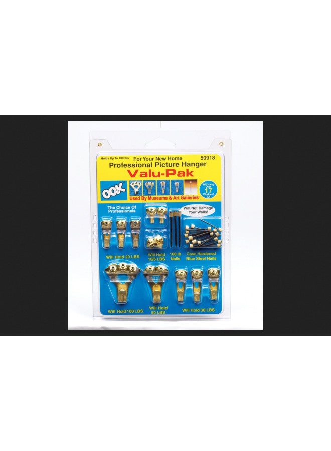OOK 50918 Professional Picture Hangers, Reusable Art Hooks, Padded, Brass, 5lbs - 100lbs (Hangs 12 Pictures)