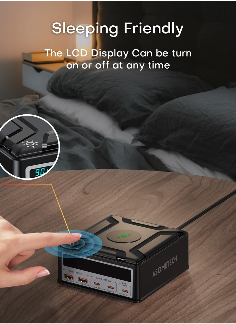 Excefore - USB Charging Station, 260W 5-Port Fast USB C Charging Station, 140W PD3.1 USB C GaN Charger with LCD Display, Wireless Charger, Desktop USB Charging Hub for MacBook Pro/Air, iPad, for iPhone, Samsung - Image 1