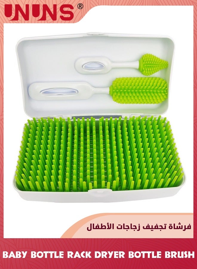 Travel Baby Bottle Brush Set With Drying Rack,Silicon Bottle Dryer Rack,Portable Lawn Baby Bottle Organizer,Detachable Space Saving Drying Kit With Storage Box,Removable Grass,Two Baby Bottle Brush - Image 1